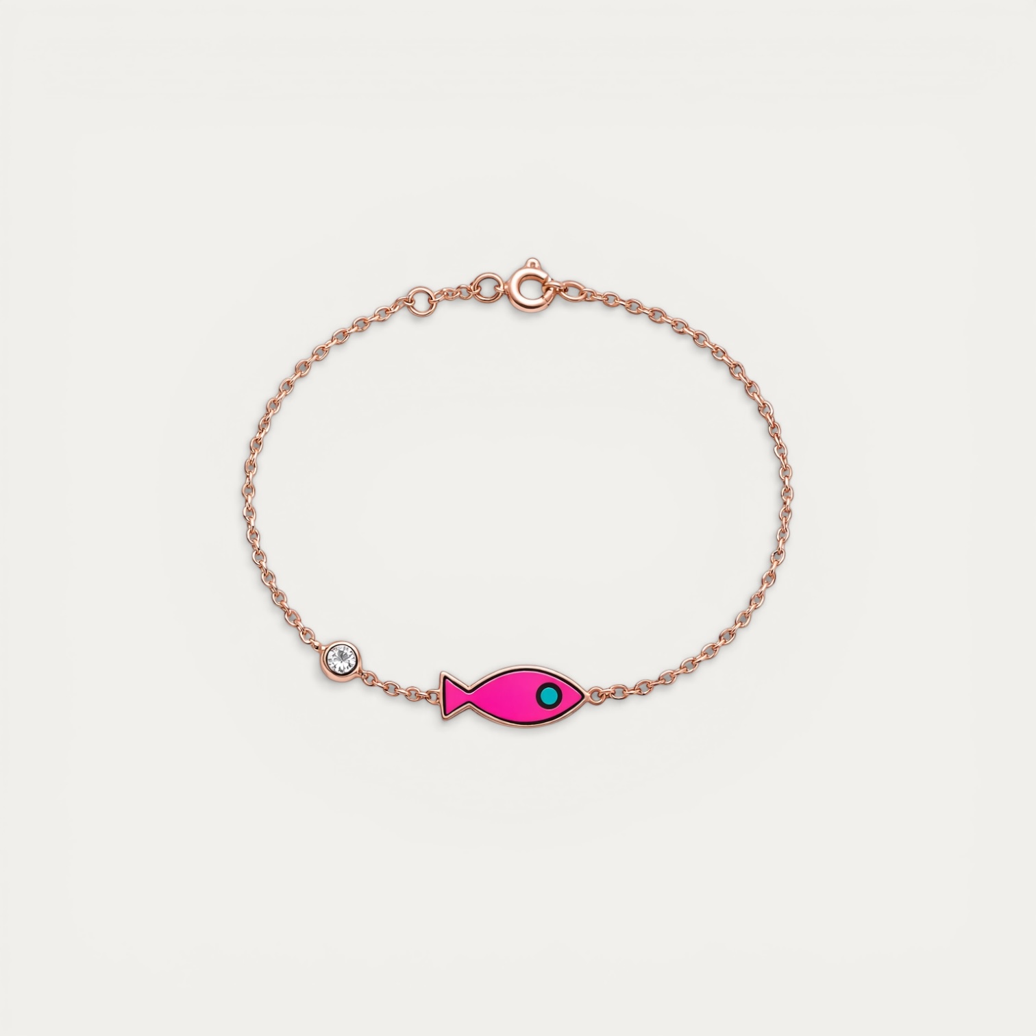 IMG_5716 צמיד pink fish מכסף 925 בציפוי רוז גולד עם תליון דג אמייל ושיבוץ ZC