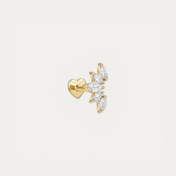 עגיל פירסינג Leaves בצורת עלים עם זרקונים וזהב 14 קארט