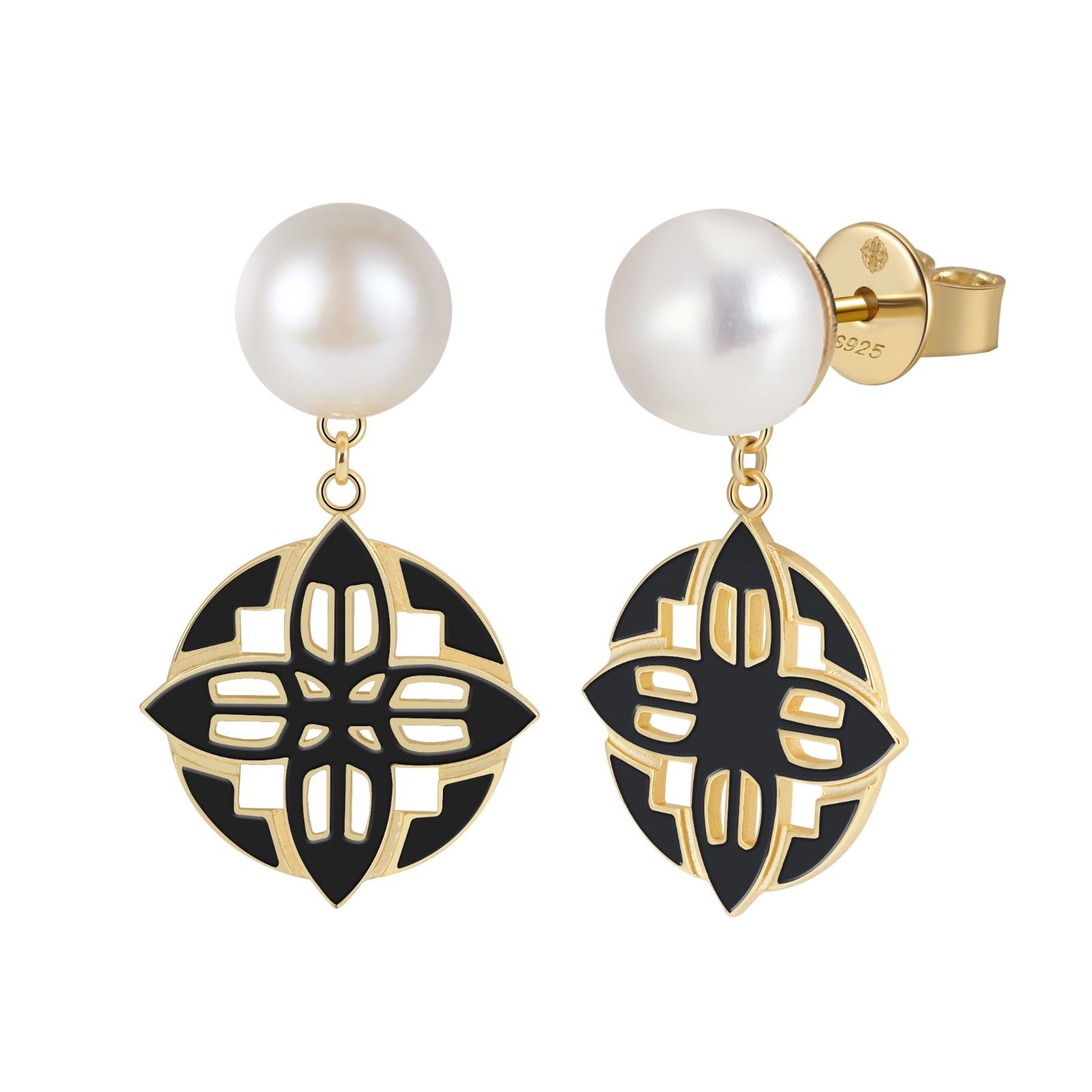 82eb6055-1298-4684-b093-e6ed74d65b36 עגיל Éme עשוי כסף 925 בציפוי זהב 14 קארט עם פנינה ממים מתוקים ואמייל שחור