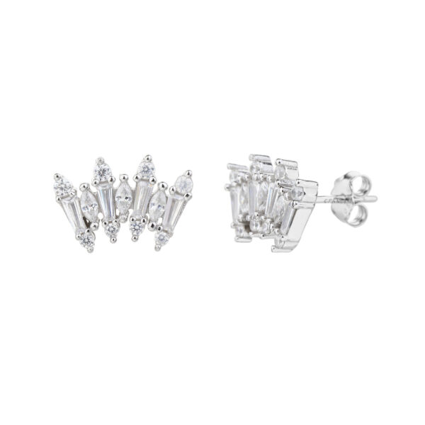 Royal Crown Silver Studs - עגילים צמודים כסף בצורת מניפה משובצת זרקונים