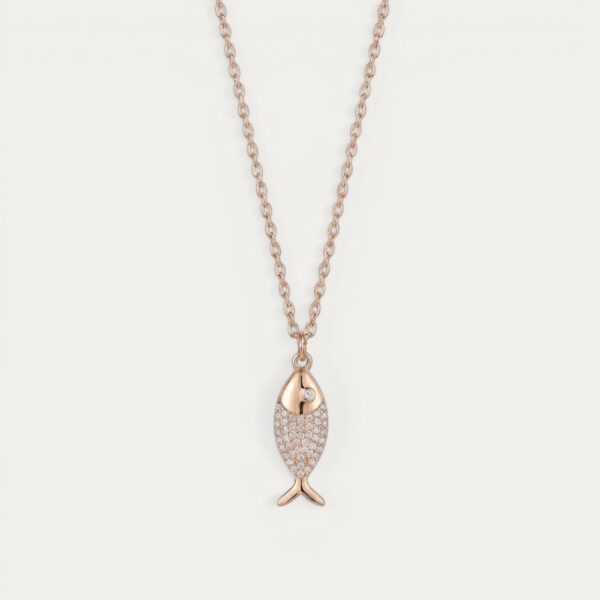 שרשרת דג רוז גולד מפלדת אל חלד חצי משובצת זירקונים - TALIA