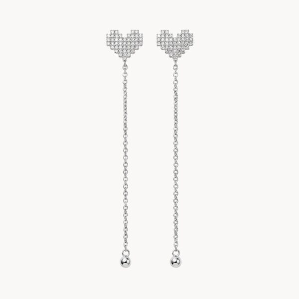 עגילים ארוכים כסף 925 דגם Marks Pixel עם תליון לב משובץ זרקונים - TALIA